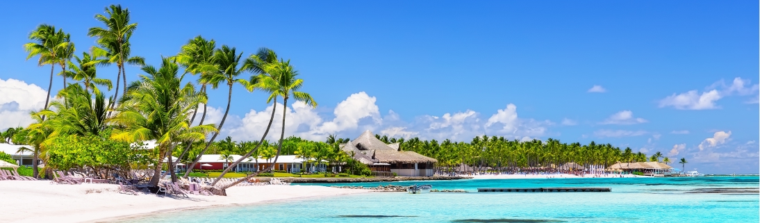 Punta Cana Praia de areia branca em Punta Cana com palmeiras, mar turquesa calmo e céu azul sem nuvens.