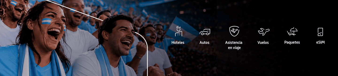 Fútbol Aficionados argentinos celebrando en un estadio; a la derecha, iconos de Hoteles, Carros, Asistencia en viaje, Vuelos, Paquetes y más.