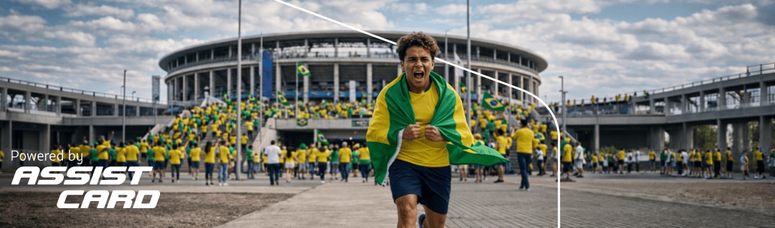 Seguro de Viagem Homem correndo envolto na bandeira do Brasil em frente a um estádio cheio; texto “Powered by Assist Card” no canto.