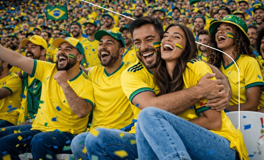Pacotes: Voo + Hotel Casal e multidão de torcedores brasileiros comemorando em meio a confetes nas arquibancadas de um estádio.