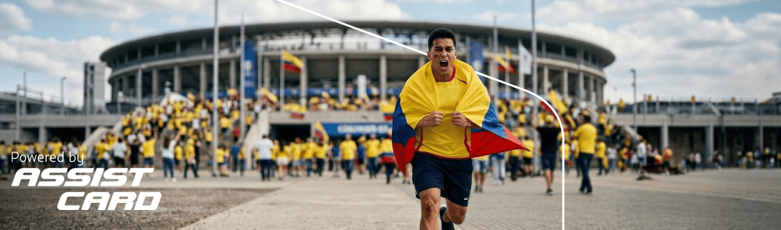 Hombre corriendo envuelto en la bandera de Colombia frente a un estadio lleno; texto “Powered by Assist Card” en la esquina.
