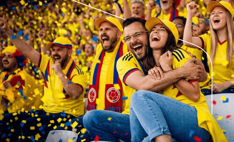 Pareja y multitud de aficionados colombianos celebrando entre confeti en las gradas de un estadio.