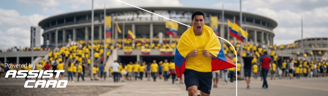 Seguros Hombre corriendo envuelto en la bandera de Ecuador frente a un estadio lleno; texto “Powered by Assist Card” en la esquina.