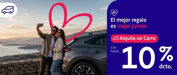 Hasta 10% dcto. en alquiler de carros. Haz que tu viaje sea perfecto y acumula Millas LATAM Pass.
