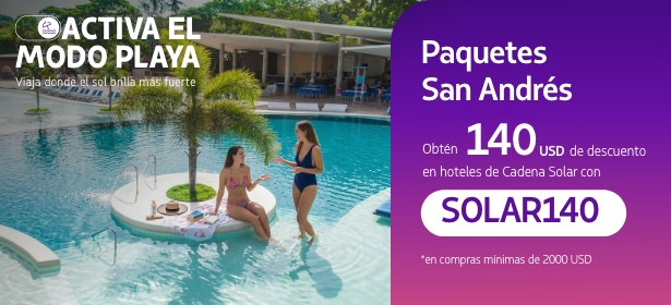 Paga 140 USD por tu paquete a San Andrés 🏖️ Ingresa el código SOLAR140 🎟️ en el hoteles de cadena Solar y listo. 