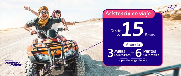 ¡Compra tu asistencia en viaje desde S/15 diarios! Prepárate para cualquier eventualidad, compra y acumula millas LATAM Pass.