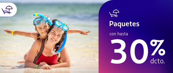 Hasta 50% dcto. en Paquetes: Vuelo + Hotel. Acumulas Millas LATAM Pass y Puntos Calificables.